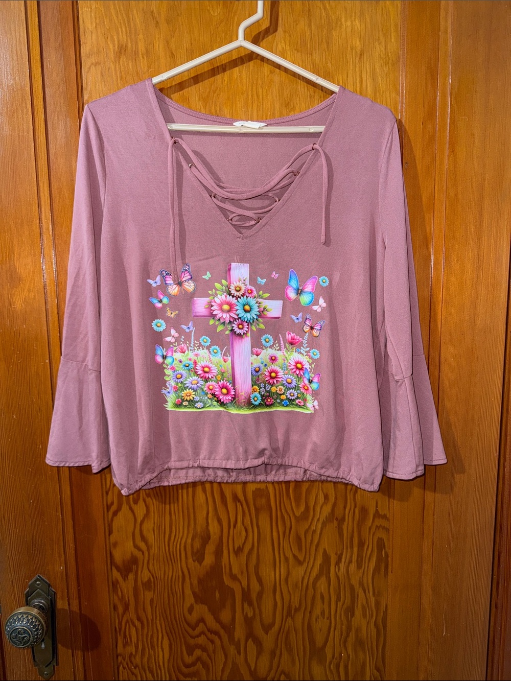 Aeropostale Mauve Lace-Up Bell Sleeve Top with Floral Cross Graphic
